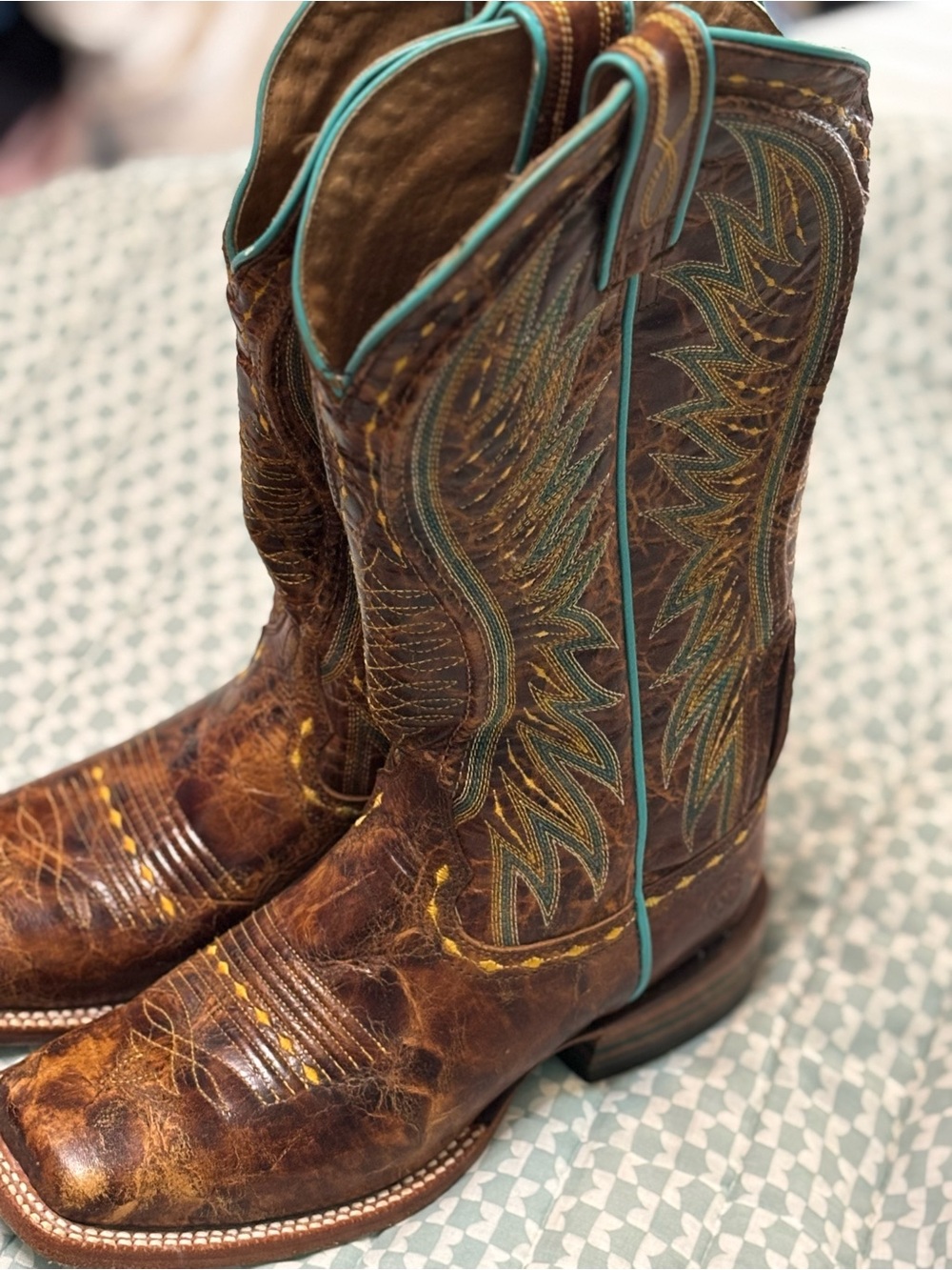 Brown Leather Western Boots with Turquoise Stitching - Brand Unknown